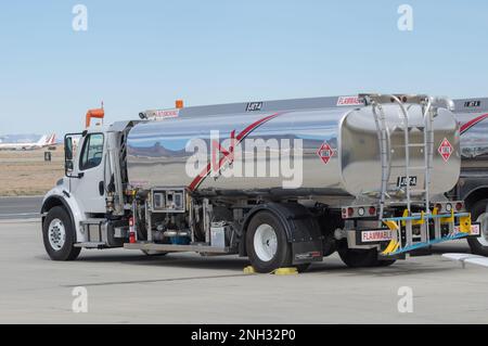 Jet fuel truck shown parked at Rutan Field. Stock Photo