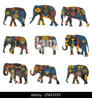 Set of colorful elephants with ethnic symbols pattern Stock Vector