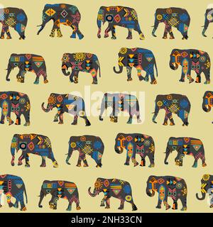 Seamless background with elephants made of ethnic symbols pattern Stock Vector