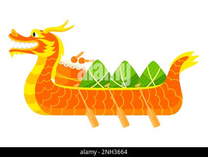 Wrapped rice dumplings in boat. Duanwu holiday. Chinese Dragon Boat Festival traditional food. Stock Vector