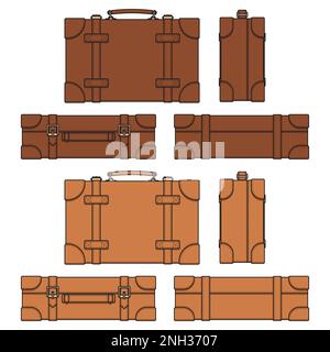 Set of color illustrations with leather retro suitcase, case. Isolated vector objects on white background. Stock Vector