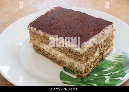 Close-up of homemade tiramisu with creamy layers of cheese, cocoa, and sponge cake soaked in coffee on a white plate decorated with green floral patte Stock Photo