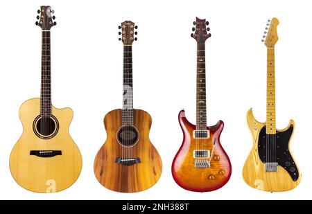 Guitars four guitars cut out on a white background selection of Two Acoustic Guitars and Two Electric Guitars Stock Photo