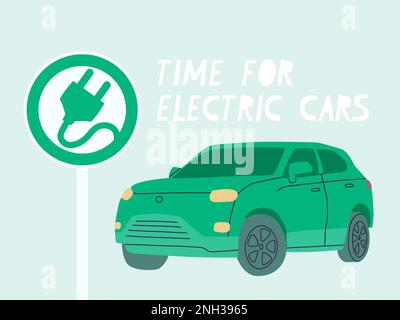 Time for electric cars. Green car. Road sign of the priority of electric vehicles. Vector flat illustration of petrol and diesel car ban in Europe. Stock Vector