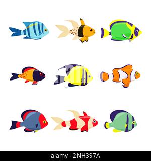 Set of marine exotic fishes on a white background. Collection Aquarium vector fish isolates. Sea fish. Vector illustration Stock Vector