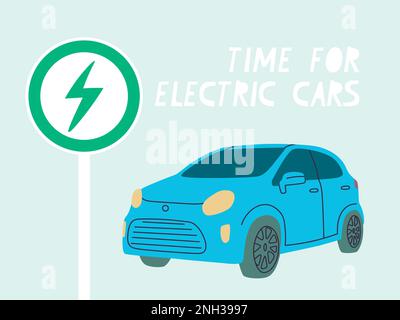 Time for electric cars. Blue car. Road sign of the priority of electric vehicles. Vector flat illustration timed to ban petrol and diesel cars in Stock Vector