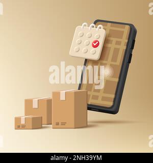 Parcel delivery concept with smartphone 3d illustration with map and tracking app on the screen and carton boxes with calendar Stock Vector