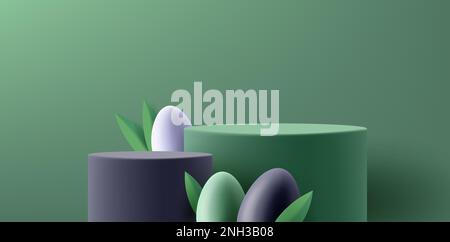 Spring Easter podium, cylinder pedestal with eggs in grass, green and black stylish eco nature colors, product placement Stock Vector