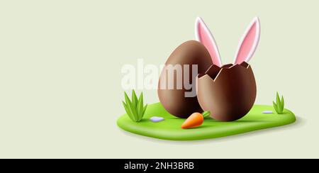 3d Easter banner with chocolate egg, bunny ears hiding behind, carrot on an island on green grass Stock Vector