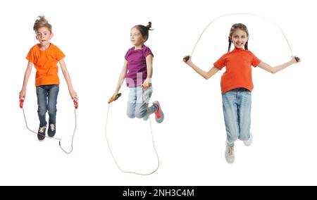 Cute happy children with jumping ropes on white background, collage. Banner design Stock Photo