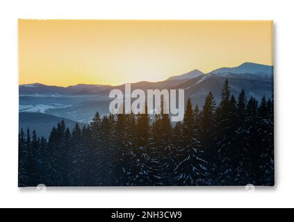 Photo printed on canvas, white background. Beautiful mountain landscape with forest in winter Stock Photo