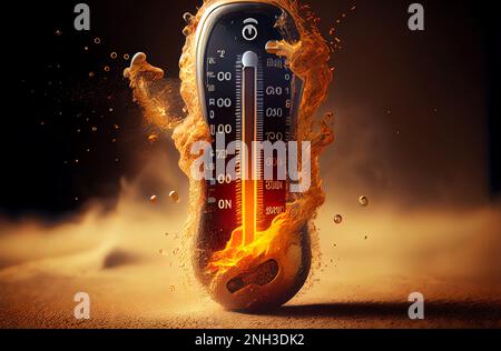 climate change concept thermometer in fire, heat wave, danger Stock Photo