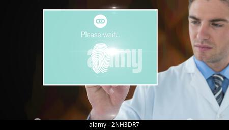 Composition of male doctor touching screen with biometric fingerprint. global online identity and digital interface concept digitally generated image. Stock Photo