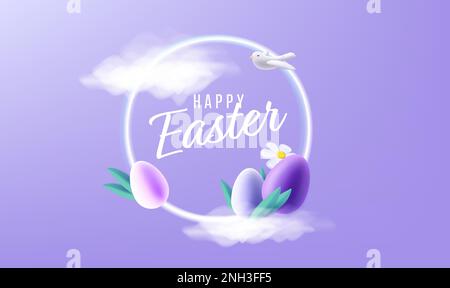 Modern greeting card for Easter with neon wreath circle and coloured eggs with flowers in clouds and dove flying in purple clours Stock Vector