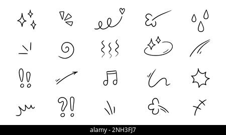 Line movement element, emotion effect decoration icon. Hand drawn doodle line element arrow, emphasis, wind, sparkle. Anime emotion, express shape. Vector illustration. Stock Vector