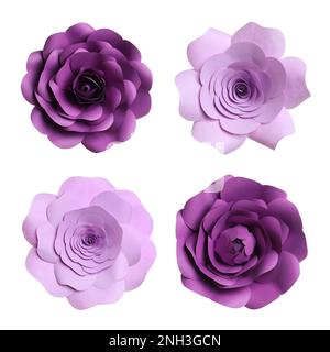 Pastel colored paper craft rose flat lay background with flowers