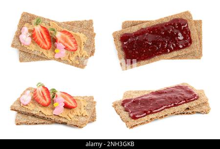 Fresh rye crispbreads with different toppings on white background, collage Stock Photo