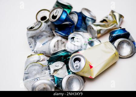Pile of Used cans. Waste sorting and waste processing. Recyclable materials Stock Photo