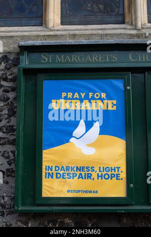 Uxbridge, London Borough of Hillingdon, UK. 9th February, 2023. A Pray for Ukraine poster outside St Margaret's Church in Uxbridge Town Centre. Credit: Maureen McLean/Alamy Stock Photo