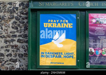 Uxbridge, London Borough of Hillingdon, UK. 9th February, 2023. A Pray for Ukraine poster outside St Margaret's Church in Uxbridge Town Centre. Credit: Maureen McLean/Alamy Stock Photo