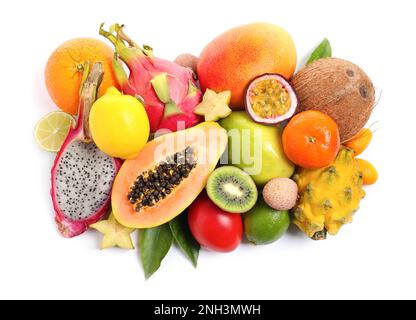Pile of different exotic fruits on white background, top view Stock Photo