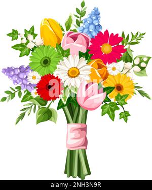 Bouquet of colorful flowers (tulips, gerberas, hyacinth flowers, and lily of the valley flowers) isolated on a white background. Vector illustration Stock Vector