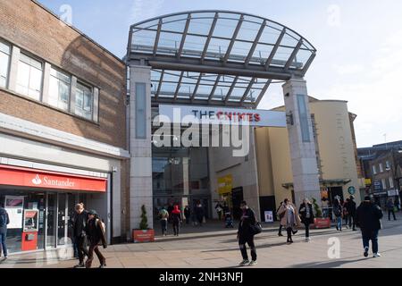 Uxbridge, London Borough of Hillingdon, UK. 9th February, 2023. Shoppers outside the Chimes Shopping Centre in Uxbridge Town Centre which was busy today. Credit: Maureen McLean/Alamy Stock Photo