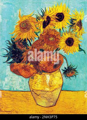 Vincent van Gogh's Vase with Twelve Sunflowers (1888–1889) famous painting. Original from Wikimedia Commons. Stock Photo