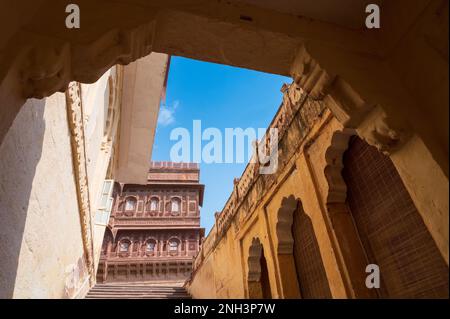 Ancient structures inside Mehrangarh fort, Jodhpur, Rajasthan, India. Famous architecture with intricate carvings and expansive courtyards.Unesco site Stock Photo