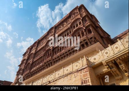 Ancient structures inside Mehrangarh fort, Jodhpur, Rajasthan, India. Famous architecture with intricate carvings and expansive courtyards.Unesco site Stock Photo