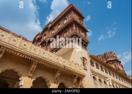 Ancient structures inside Mehrangarh fort, Jodhpur, Rajasthan, India. Famous architecture with intricate carvings and expansive courtyards.Unesco site Stock Photo