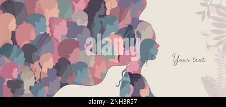 Woman face silhouette in profile with group of multicultural women faces inside. Women’s day concept. Concept of racial equality anti-racism. Female Stock Vector