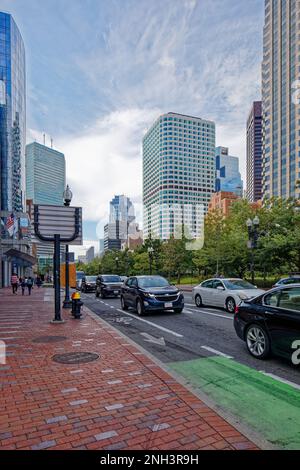 View southwest along Atlantic Avenue from Seaport Boulevard. InterContinental Boston is at extreme left, Financial District in distance and right. Stock Photo