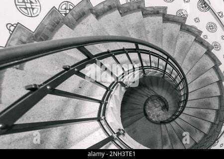 Spiral staircase with golden ratio or golden spiral composition, black and white monochrome, Copenhagen City Hall (Radhus), Denmark Stock Photo