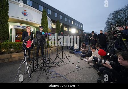 Assistant Chief Constable Peter Lawson (right) of Lancashire Police with Detective Chief Superintendent Pauline Stables (left) speaking at a press conference outside Lancashire Police Headquarters in Hutton near Preston, after a body found in the River Wrye has been identified as missing mother-of-two Nicola Bulley. Police recovered the body on Sunday, which was found by members of the public close to where Nicola Bulley disappeared on January 27. Ms Bulley, 45, was last seen walking her dog nearby, on a footpath along the River Wyre, after dropping her daughters, aged six and nine, at school. Stock Photo