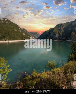 The famous Piva river canyon with its fantastic reservoir Piva Lake (Pivsko Jezero) summer view in Montenegro. Nature travel background. Stock Photo