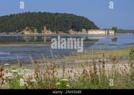 St. Mary's Monastery, medieval Byzantine church on Zvërnec Island inside the Narta Lagoon near the city of Vlorë in Southern Albania Stock Photo