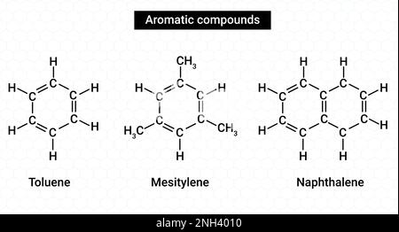 Aromatic compounds: Toluene, Mesitylene and Naphthalene Stock Vector
