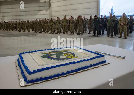 Citizen Airmen from the 136th Airlift Wing attend a commander’s call in celebration of the wing’s 75th anniversary, December 10, 2022, at Naval Air Station Joint Reserve Base Fort Worth, Texas. The 136th Airlift Wing commemorated its 75 years of service along with surpassing more than 200,000 Class A mishap-free flying hours. 136AW,75th Anniversary,C-130J,Fort Worth,TMD,Texans Serving Texans, Stock Photo