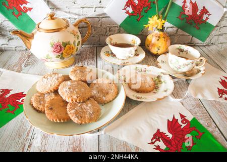 Celebrating St  davids  day  Welsh  flag   Daffodils   welsh  cakes  vintage style Stock Photo