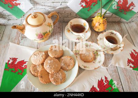 Celebrating St  davids  day  Welsh  flag   Daffodils   welsh  cakes  vintage style Stock Photo