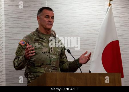 The Commanding General of U.S. Army Pacific, Gen. Charles Flynn, speaks to a group of Japanese and American reporters at the Japan-Philippine-U.S. Land Forces Summit press conference at Camp Asaka, Japan, Dec. 11, 2022.   Gen. Flynn reemphasized the commitment of the United States to Japan and the Philippines, and discussed future security cooperation opportunities. Stock Photo