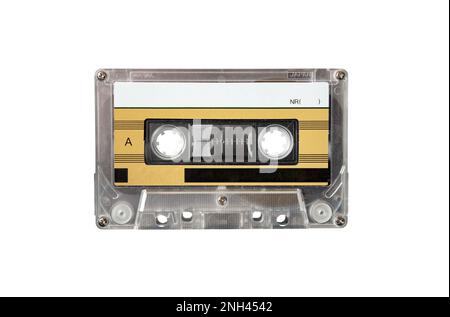 Close up of real vintage music audio tape cassette isolated on white background, front view closeup picture Stock Photo