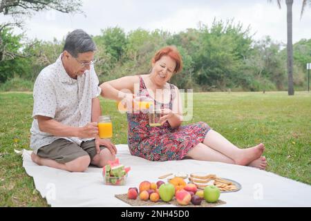 A smiling latin senior couple having a picnic breakfast with a variety of fruits and fresh orange juice in a park. Stock Photo