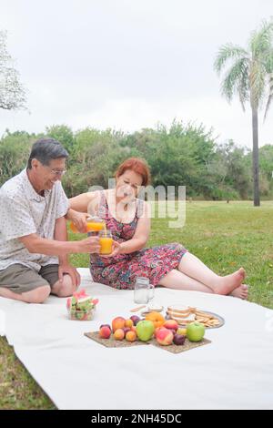 A smiling Hispanic senior couple having a picnic breakfast with a variety of fruits and orange juice in a park. Stock Photo