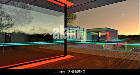 Decked terrace of the private cottage. Glass fence with glowing rails. Night illumination of the windows frames. 3d rendering. Stock Photo