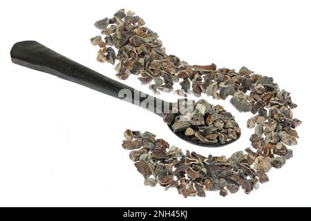 wooden spoon with cocoa nibs isolated on white background Stock Photo