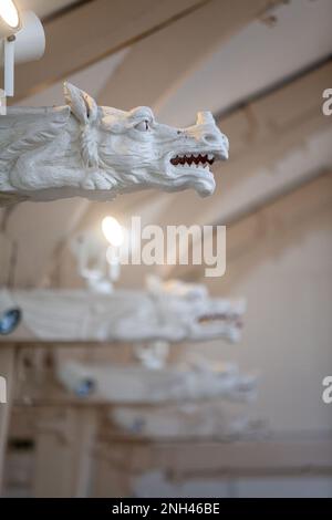 Wooden carved dragons in The Spiers Centre former public baths, Alloa. Stock Photo