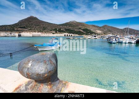 View of the bay with the old tuna fishery in the background, Favignana Stock Photo