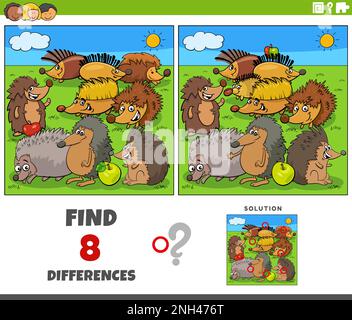 Cartoon illustration of finding the differences between pictures educational game with hedgehogs animal characters group Stock Vector